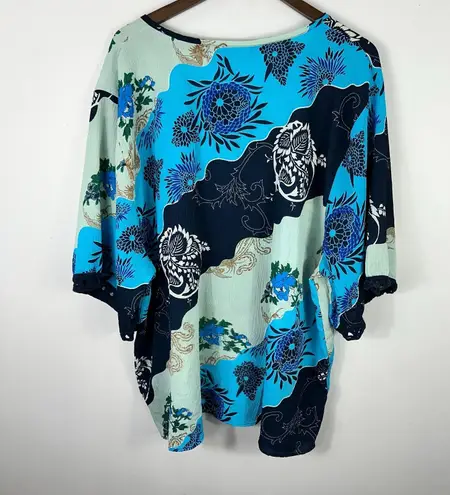 Denim 24/7 Peasant Blouse Women 3X Tie Neck Boho Floral Patchwork Cottage Artsy Blue