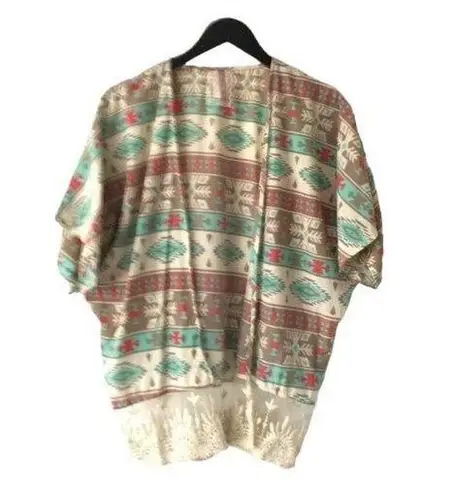 Mauve Cardigan Aztec Lace Top Classic Short Sleeve Cotton Multicolor Small S
