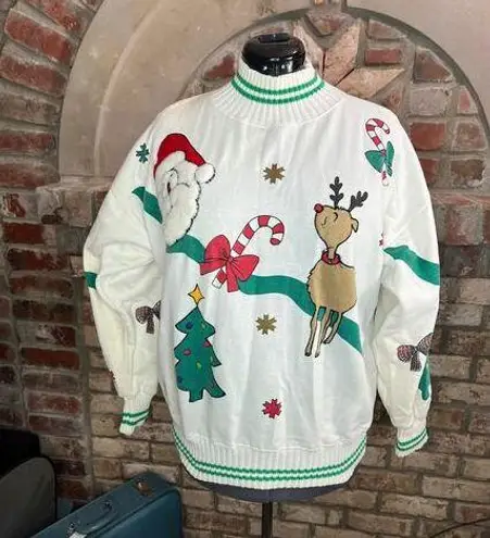 Christmas sweatshirt santo reindeer tree red green white vintage Size M