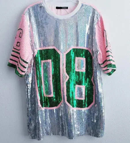 Sequin Jersey Graphic Short Sleeve Shirt Dress Pink Size M