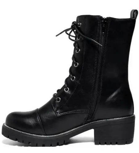 Refresh Black Mid Calf Lace Up Lug Sole Combat Boot