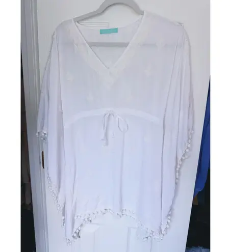 Melissa Odabash Sharize White Kaftan Cover up Pom Pom M/L Coastal Cowgirl Beach Size M