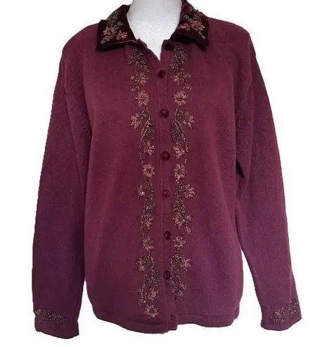 Vintage Beaded Sweater Size M Velour Collar Burgundy Wine Red Tiara Size M