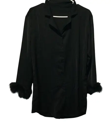 Black Long Sleeve Button Down Shirt Top with Faux Fur Cuffs Women's siize S