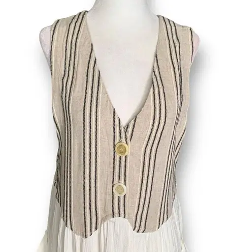 Vintage Rafia Studio Dress Cream Tan Vertical Striped Deep V Neck Draped Maxi Tan Size M