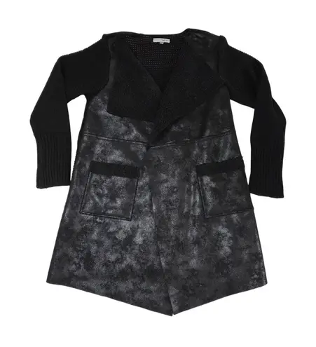 WD.NY Open Front Sweater Jacket L Faux Leather Trim Asymmetrical Hem Black Size L