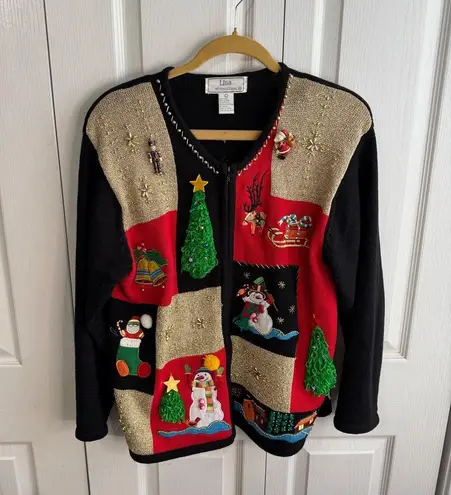Lisa International Christmas patchwork cardigan size large Black