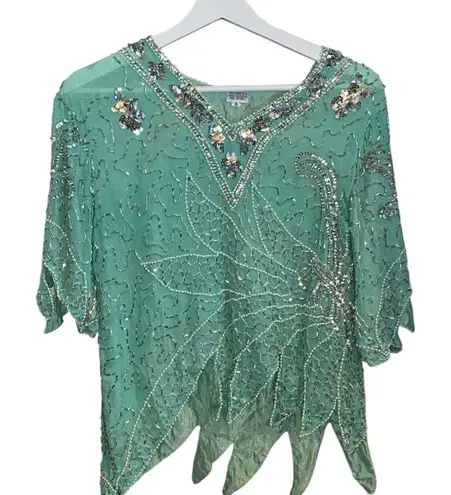 Vintage 90s Beaded Sequin Seagreen Fairycore Asymmetrical Hem Formal Festive Green