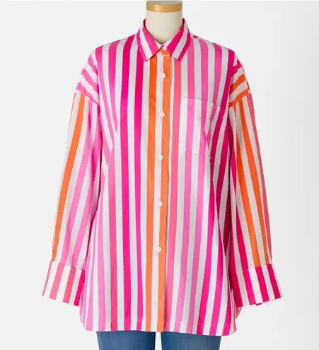 Beach Riot Alexa Button Down Shirt Long Sleeve Striped Cover Up Pink Orange L/XL