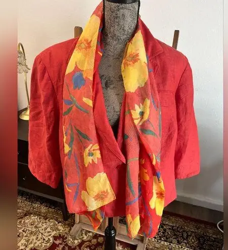 Bandolino LINEN CROP JACKET w Floral Red and Yellow Scarf, Sz 20 plus Size
