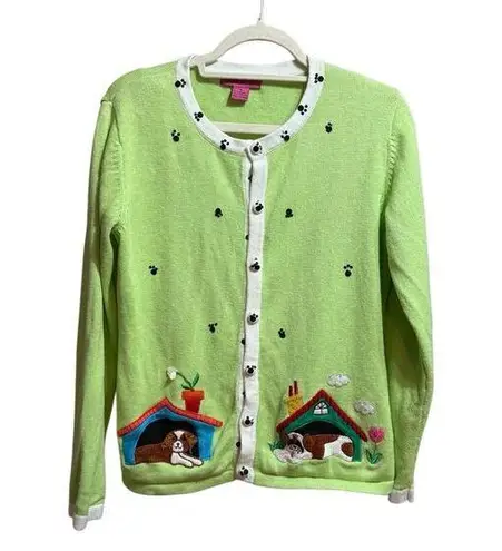 Bobbie Bell Bright Green Dog Novelty Cardigan Sz M St Bernard & Spaniel in Dogho Size M