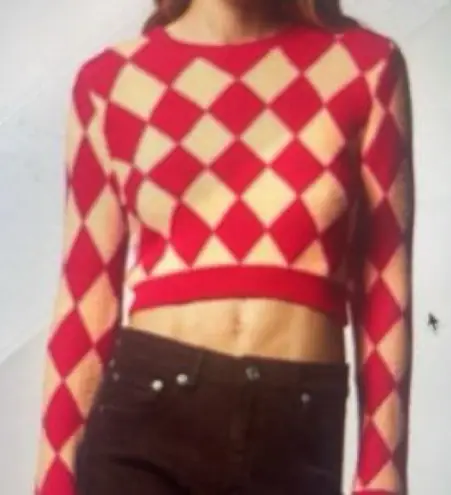 ZARA NWT  Red and Cream Argyle Cropped Y2K sweater M - Image 1
