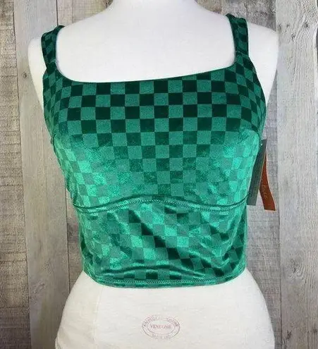 Colsie Size Medium Green Velvet Checkered Crop Top Bralette W/Adjustable Straps