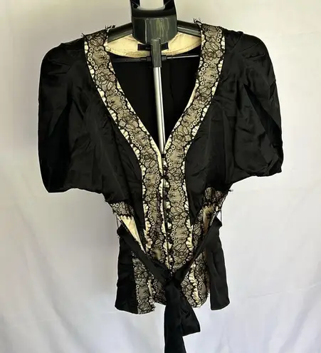 BCBGMAXAZRIA  Tops Bcbg Black & Cream Lace V Neck Silk Tie Blouse