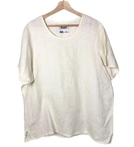 Flax Pale Yellow Square Plaid Short Sleeve Linen Blouse M