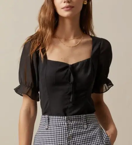 Black Sweetheart Neck Puff Sleeve Sheer Chiffon Tie S/S Blouse