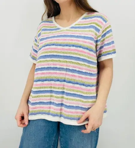 vtg cottagecore dainty scalloped pastel striped knit sweater ramie cotton top Pink Size XL