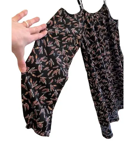 THML Long Sleeve Black Cold Shoulder Blouse Feather Print Blue Embroidery Size L