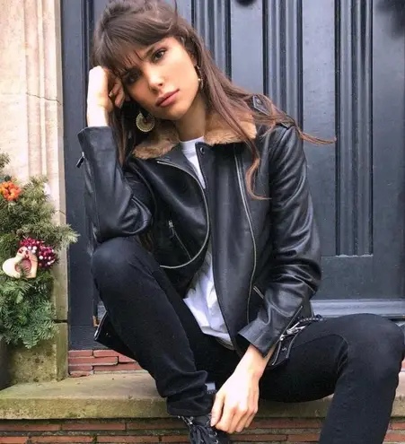 All Saints Sherwood Leather Biker Jacket with Fur Collar in Black Size Small