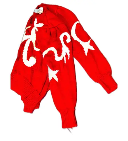 VINTAGE Christine Women’s L Sweater Red White Long Puff Sleeve V Neck Knit Size L