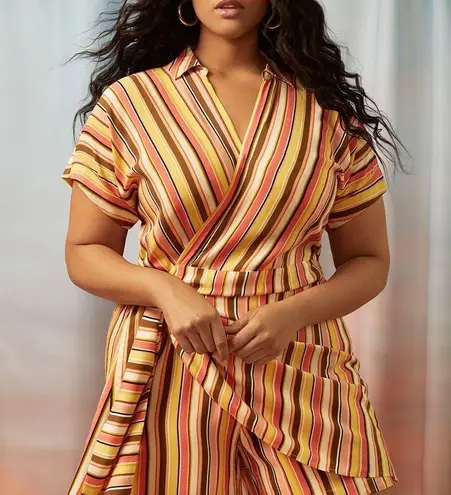 Eloquii womens shorts romper, bright tangerine and coral stripes size 14