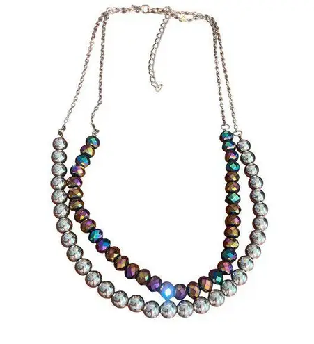 Iridescent Glass Beaded Double Strand Chain Necklace Adjustable Lobster 20.5" Silver