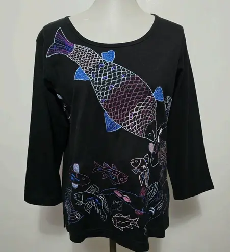 Vintage Tantrums 90s Embroidered Fish Long Sleeve Top Black XL Artsy Unique