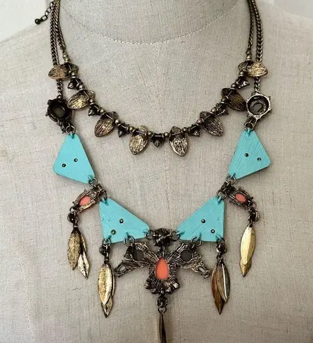 Blue and orange geometric multi strand statement necklace