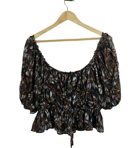House of Harlow 1960 Revolve Metallic Abstract Puff Sleeve Blouse Brown Size L Size L