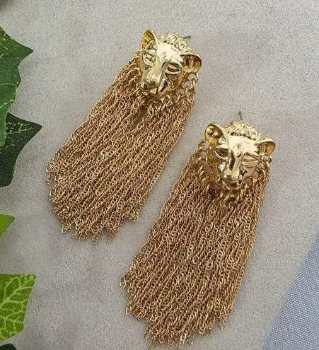 Boutique Statement Glam Gold Lion Earrings with Shimmer Chain Fringe