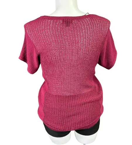 a.n.a  Womens Sweater Shirt Top Short Sleeve Loose Knit Crochet Pullover Red Large