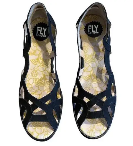 Fly London Yadi Black Leather Nubuck Suede Slip Strappy Wedge Sandals 41 10-10.5