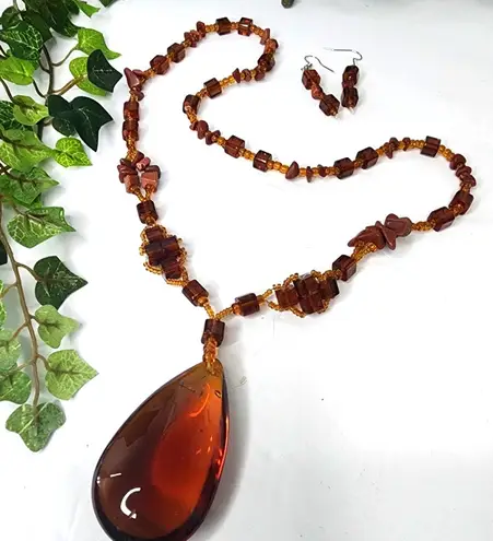 Handmade Amber Glass and Natural Stone Teardrop Necklace Earrings Set New Brown