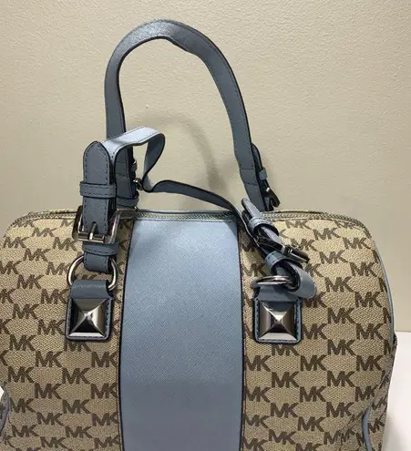 Michael Kors Bedford Satchel Handbag Blue Leather Trim MK Logo Canvas