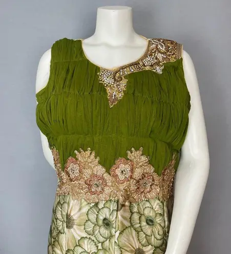 Indian Dress Rhinestones Floral Size XL Green Ruched Top Maxi Floral Embellished