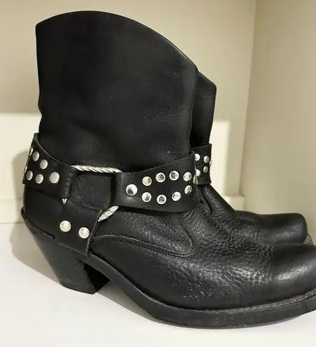 Double H Boots Women's 7 1/2 Black Leather Studded Moto Biker Riding Biker Shoes Size 7.5