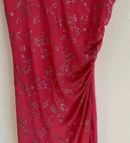 Taboo Vintage 90s Y2K Red Pink Floral Glitter Ruched Asymmetrical Mini Dress