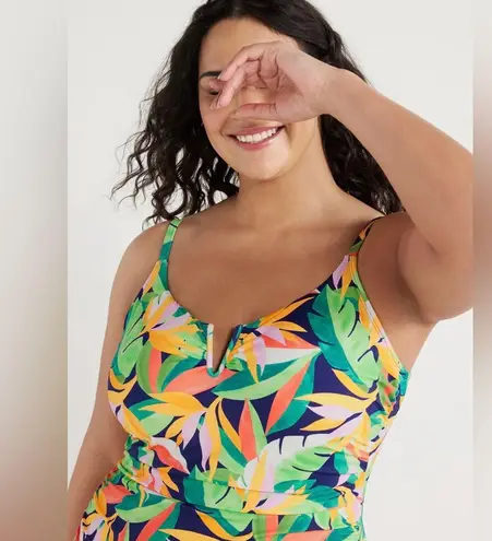 Time and Tru V Wire Detail One Piece Shirred Waist Tropical Swimsuit