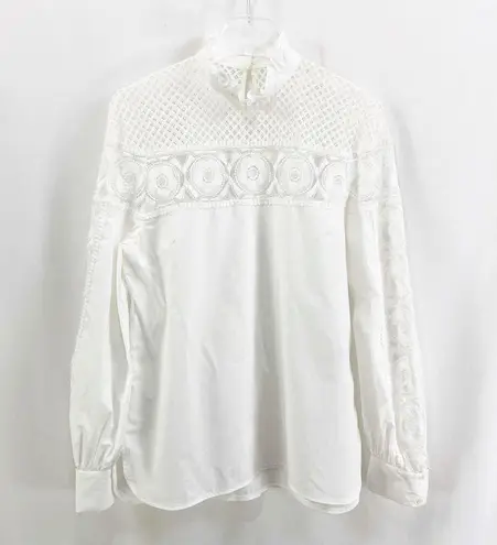 Sandro White Mock Turtle Neck Long Sleeve Lace Blouse