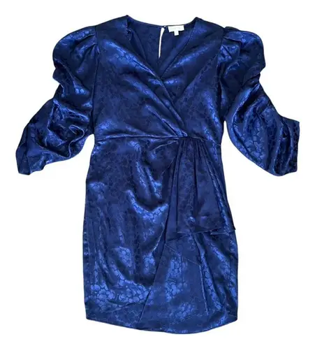 Ronny Kobo Women’s Amara Medieval Blue Floral Puff Sleeve Wrap Mini Dress Large
