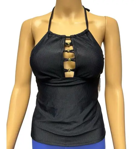 NWT Salt + Cove Black Ribbed Ringing It Beaded High Neck Tankini Swim Top Small