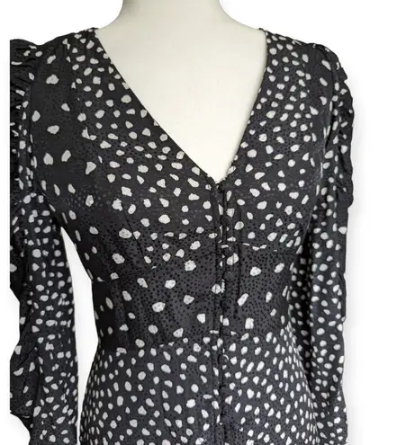 Rebecca Taylor Rouched Silk Black and White Polka Dot Print Midi Formal Dress