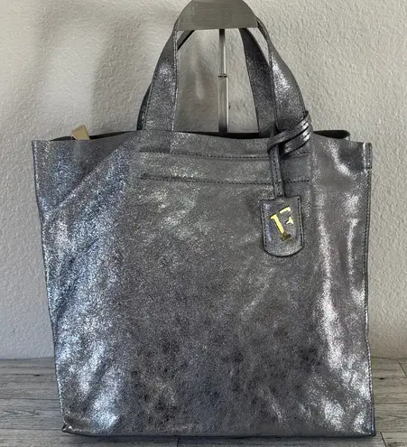Furla Metallic Silver Leather Tote Bag EUC