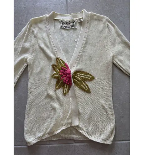 Field and Flower Cardigan Womens XL Yellow Floral Embroidery Teacher Grandma Art