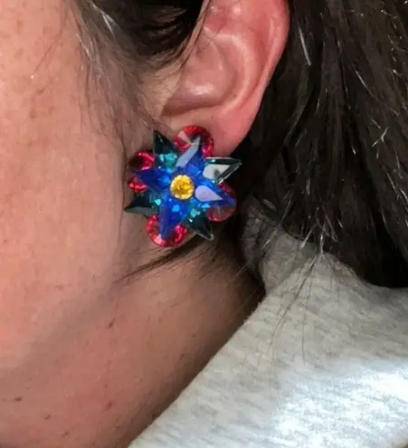 Vintage 1940s Colorful Starburst Clip On Ballroom Earrings Blue