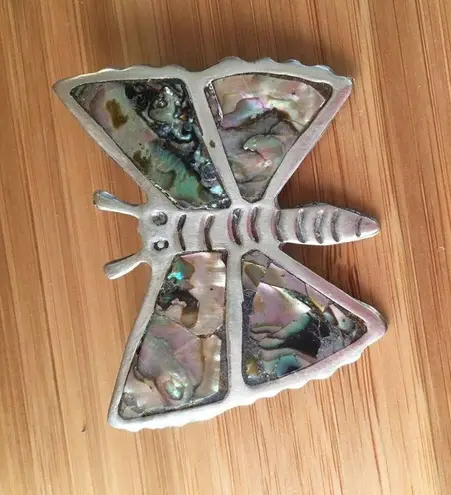 Women's Vintage Pin Brooch Silver Tone Butterfly Has Mark Abalone Alpaca