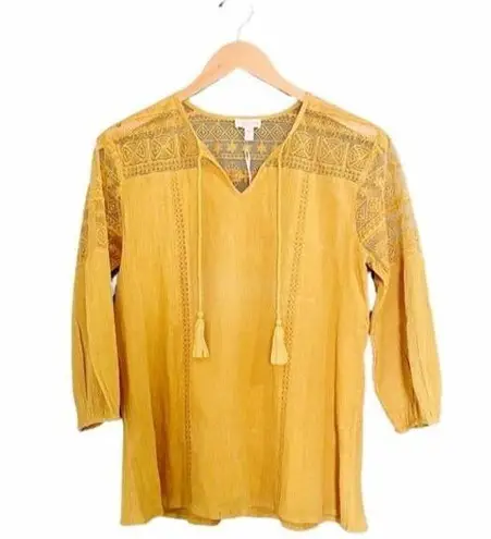 Garnet Hill NWT Top Organic Cotton Lace Trim Peasant Blouse Yellow Size 2 NEW