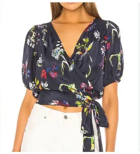 Tanya Taylor  Leiria Top Navy Floral Wrap Puff Sleeve Blouse Size 6