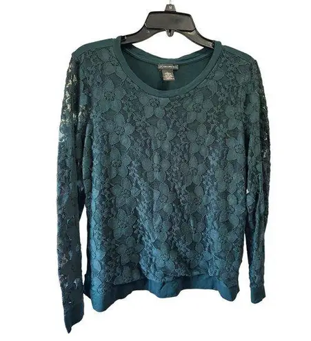 Adrianna Papell  Top Womens Large Dark Pine Green Lace Long Sleeve Crew Neck A7-3