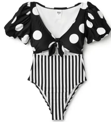 Tabitha Brown x Target Swimsuit 24W Plus One Piece Striped Dot Print Tie Front Black